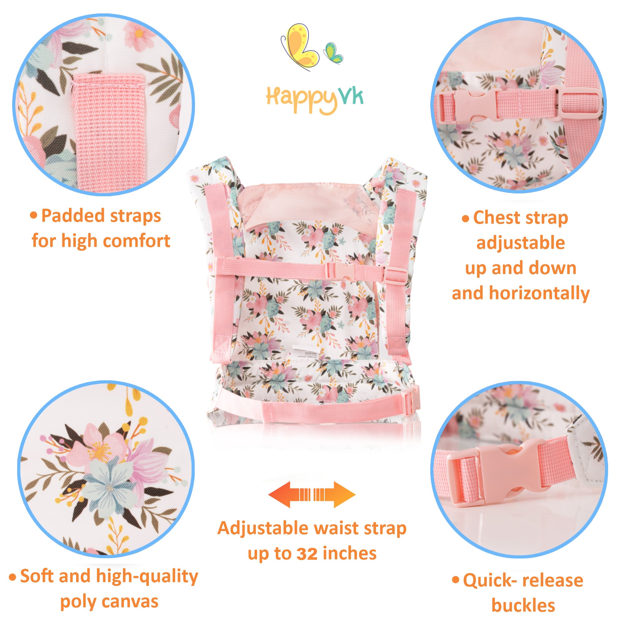 HappyVk -Baby Doll Carrier -Reborn Baby Doll Accessories -Vintage Flowers