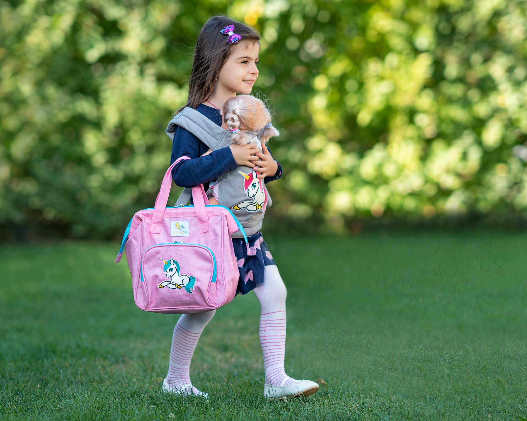HappyVk- Pink Baby Doll Diaper Bag with Doll Changing Pad- Handbag for Girls - Unicorn Embroidery