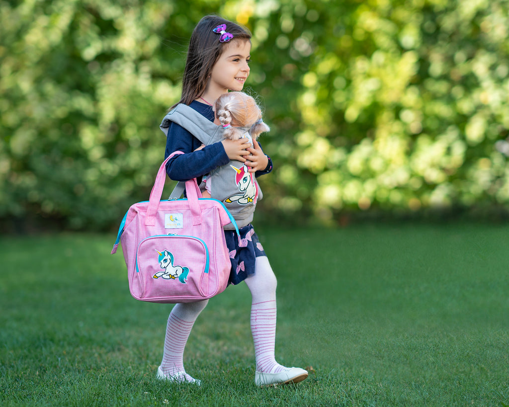 HappyVk Baby Doll Diaper Bag with Changing Pad and 14 Accessories Set - Unicorn Embroidery Handbag for Girls