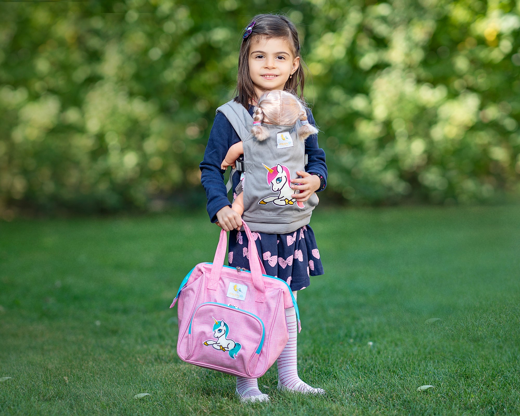 HappyVk Baby Doll Diaper Bag with Changing Pad and 14 Accessories Set - Unicorn Embroidery Handbag for Girls
