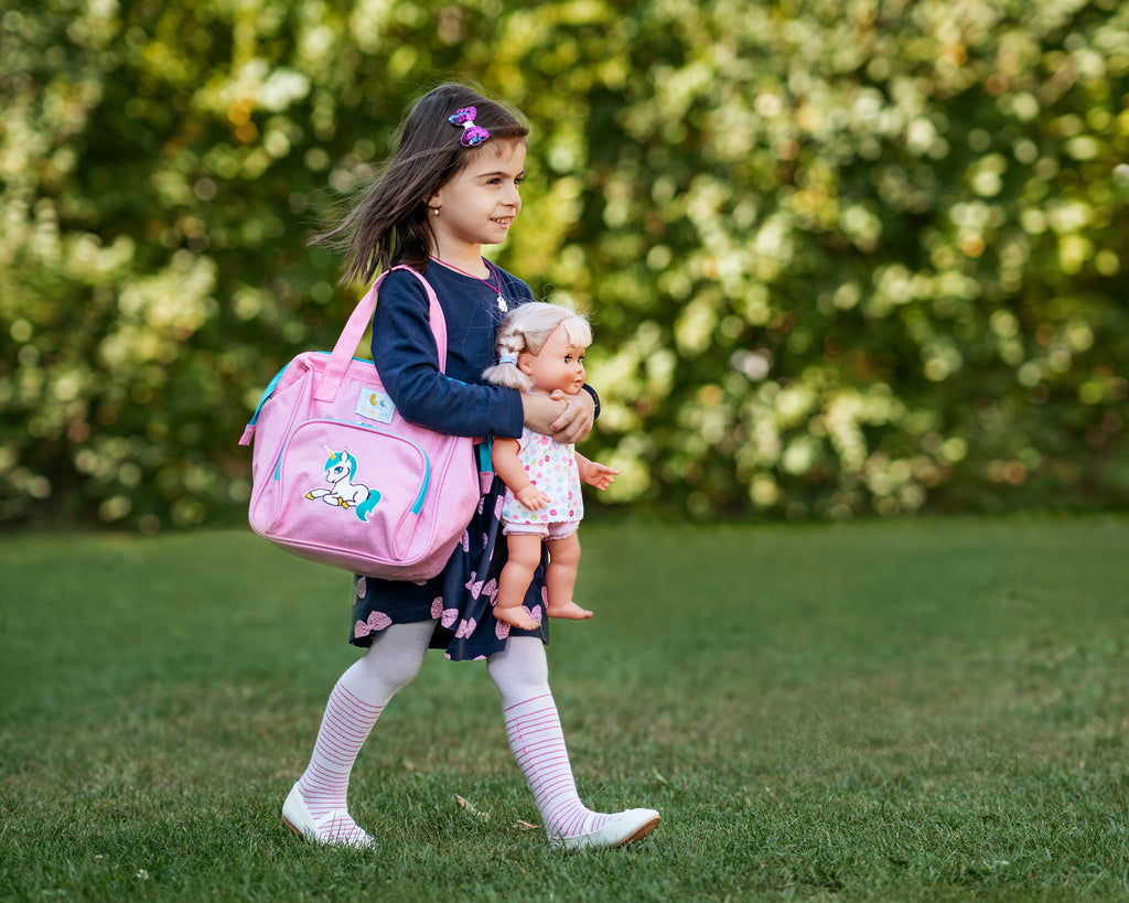 HappyVk- Pink Baby Doll Diaper Bag with Doll Changing Pad- Handbag for Girls - Unicorn Embroidery