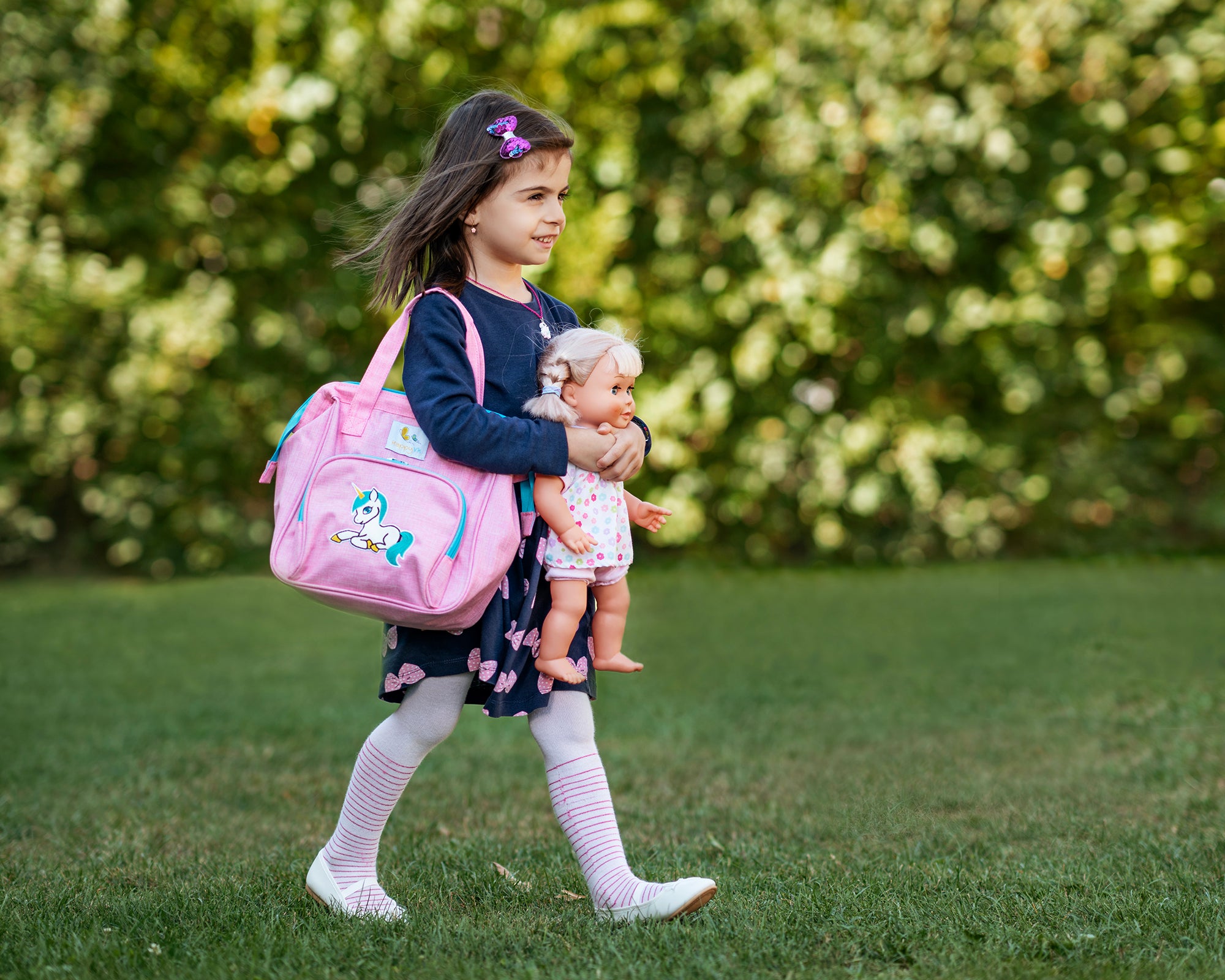 HappyVk- Pink Baby Doll Diaper Bag with Doll Changing Pad- Handbag for Girls - Unicorn Embroidery
