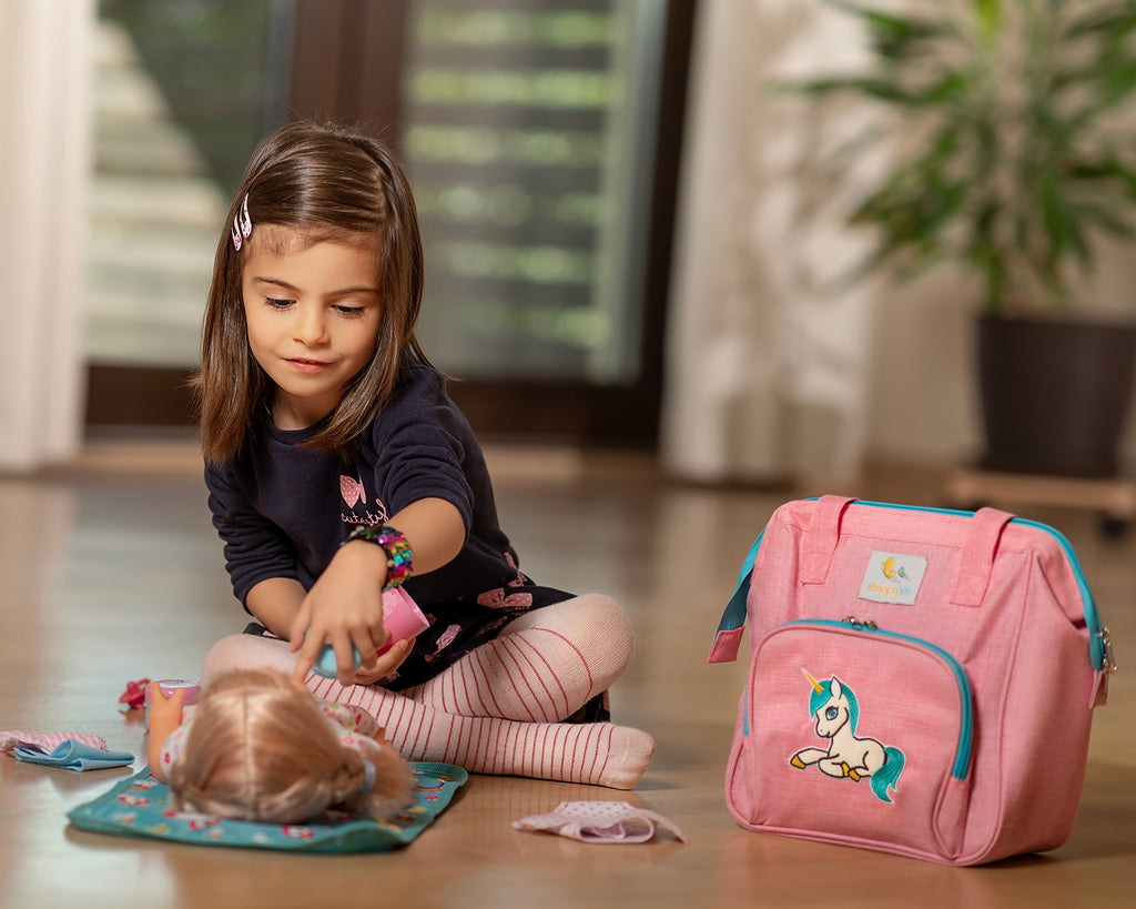 HappyVk- Pink Baby Doll Diaper Bag with Doll Changing Pad- Handbag for Girls - Unicorn Embroidery