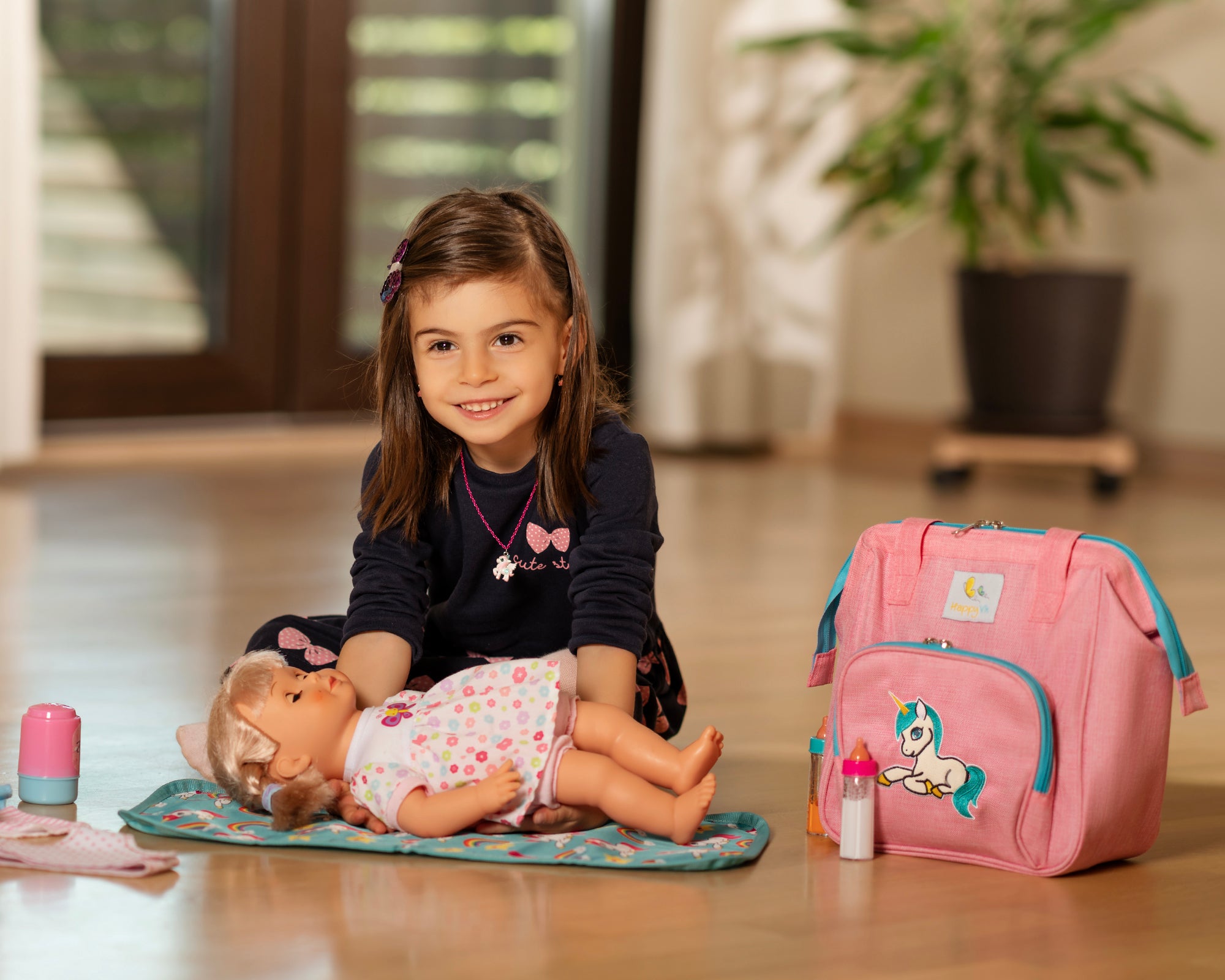 HappyVk- Pink Baby Doll Diaper Bag with Doll Changing Pad- Handbag for Girls - Unicorn Embroidery