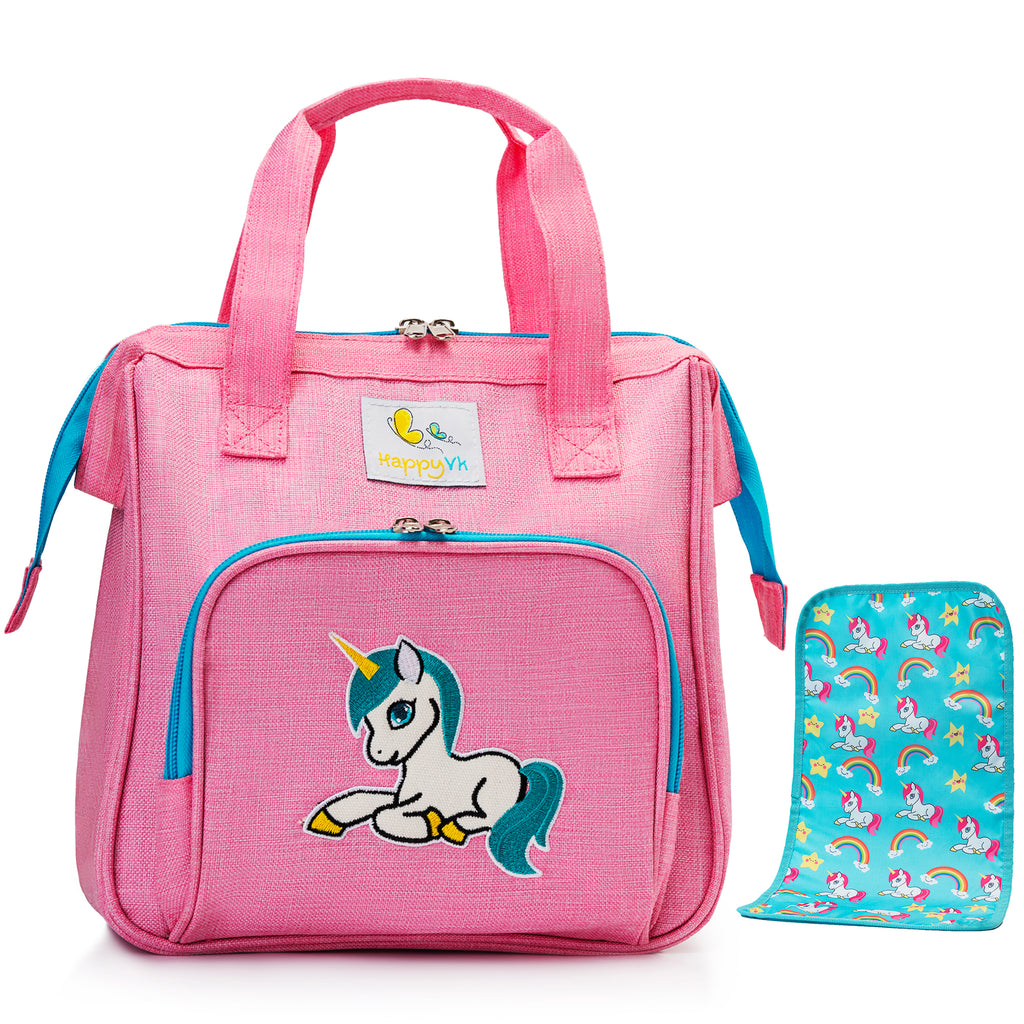 HappyVk- Pink Baby Doll Diaper Bag with Doll Changing Pad- Handbag for Girls - Unicorn Embroidery