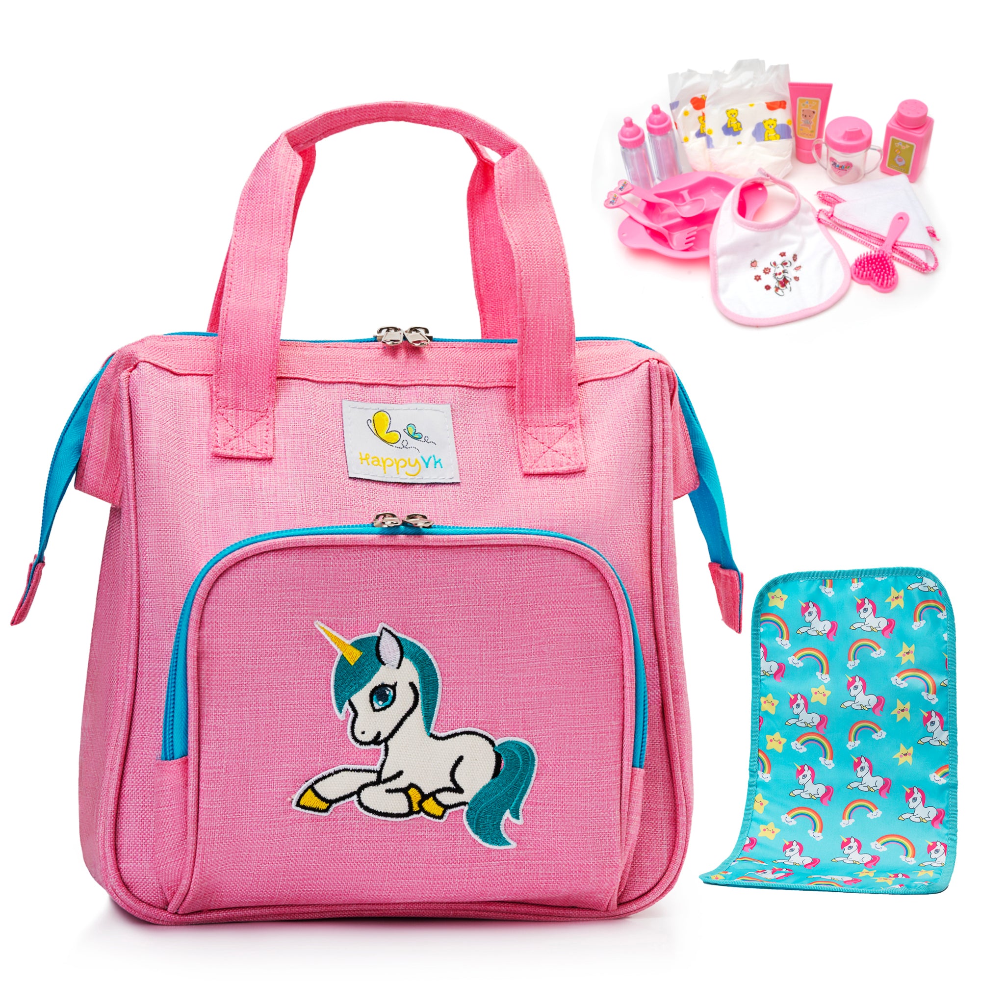 HappyVk Baby Doll Diaper Bag with Changing Pad and 14 Accessories Set - Unicorn Embroidery Handbag for Girls