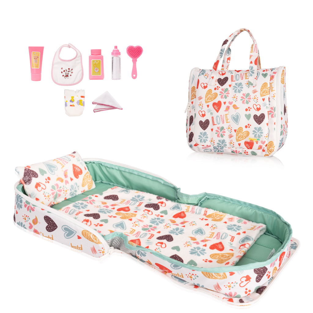 HappyVk Baby Doll Bed Set-Portable Doll Bassinet for Dolls up to 21 inches - Handbag for Girl - Love Design