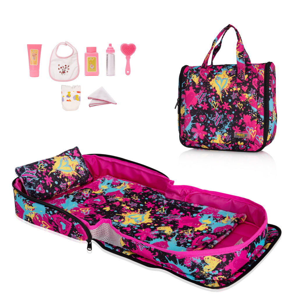 HappyVk - Baby Doll Bed - Portable Doll Bassinet - for Dolls up to 21 inches - Handbag for Girl - Baby Doll Set - Graffiti Design