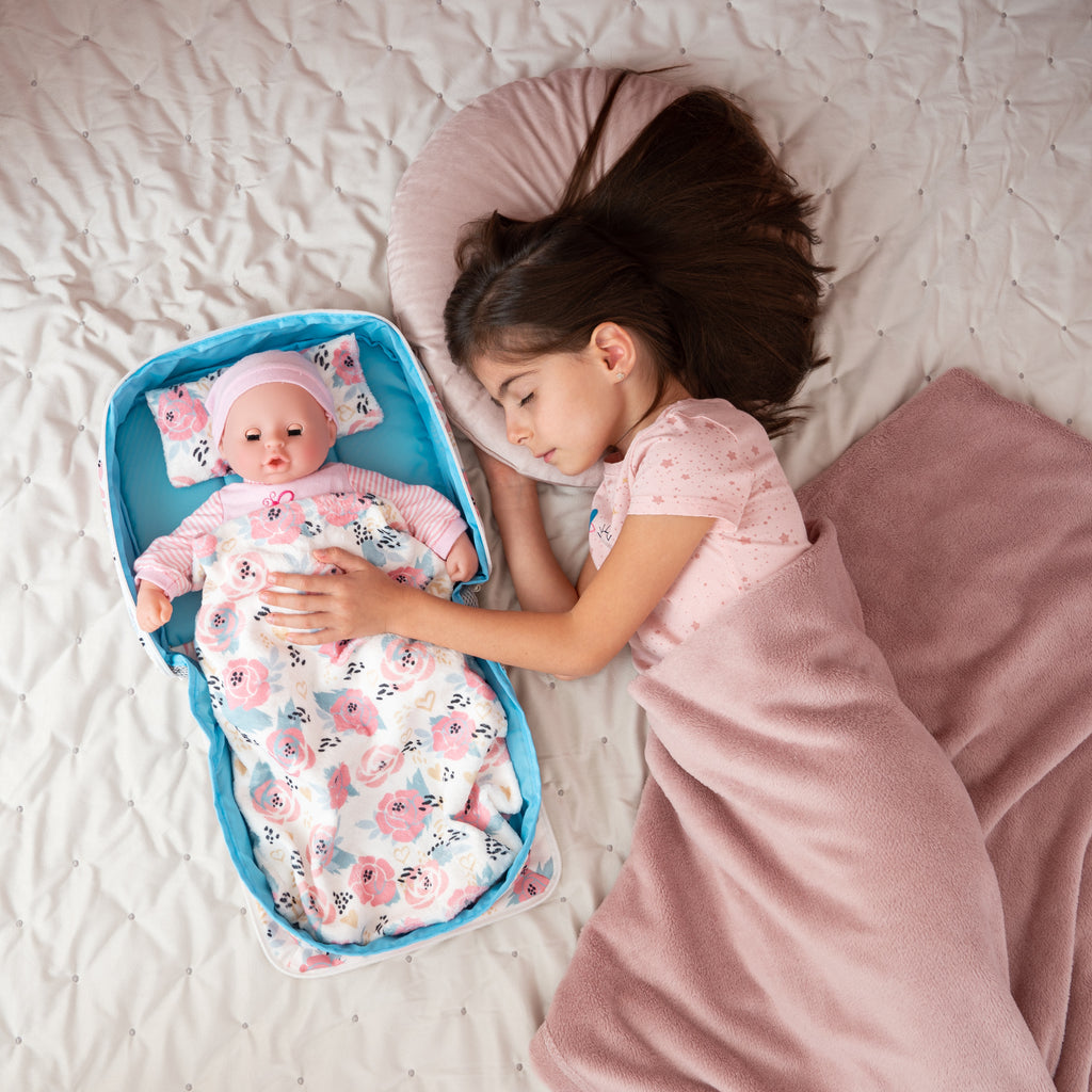 HappyVk - Baby Doll Bed Set - Portable Doll Bassinet for Dolls up to 21 inches - Handbag for Girl - Pink Roses