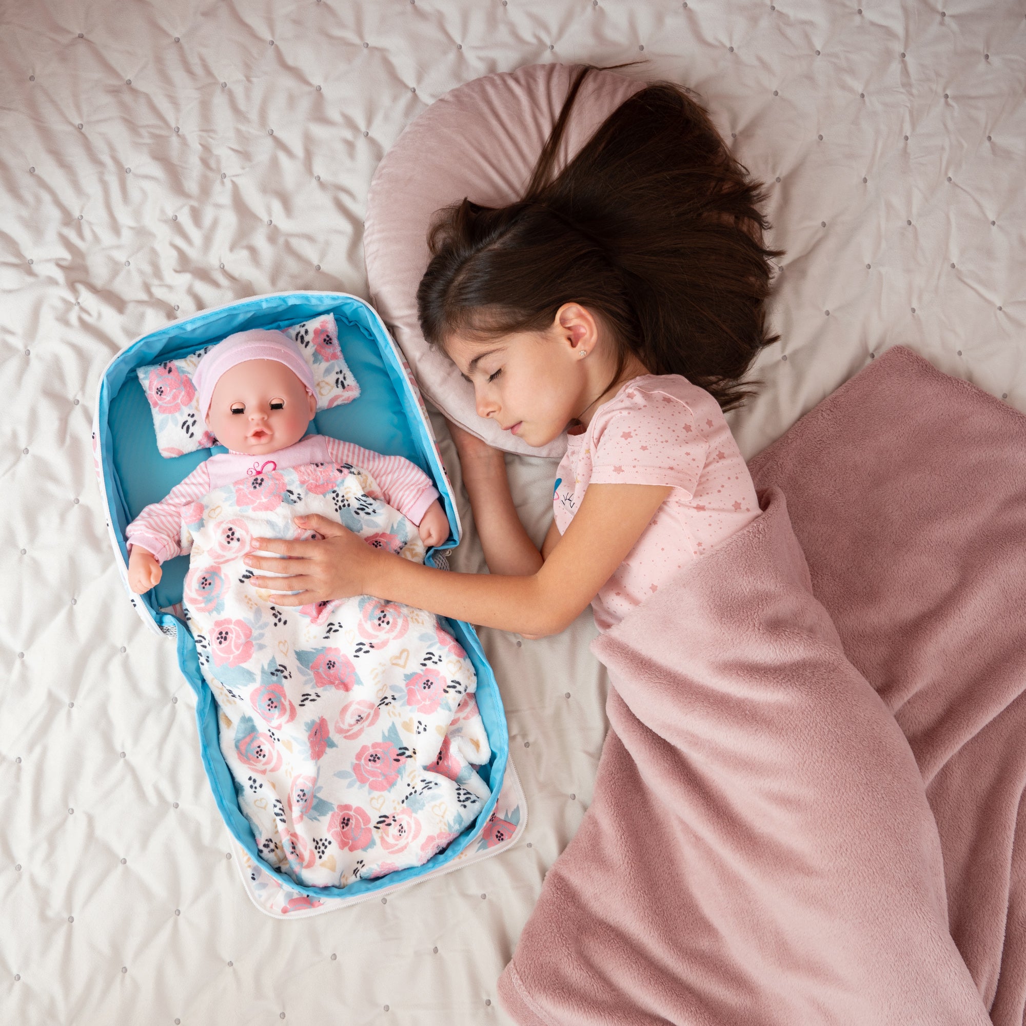 HappyVk - Baby Doll Bed Set - Portable Doll Bassinet for Dolls up to 21 inches - Handbag for Girl - Pink Roses