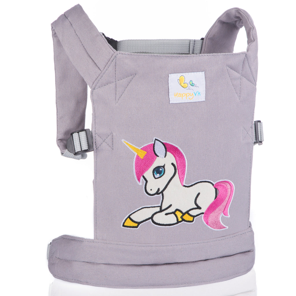 HappyVk - Baby Doll Carrier Unicorn Embroidery Front & Back Carry Positions Pretend Play Toy for Girls Ages 3+ Adjustable Straps & Cotton Canvas