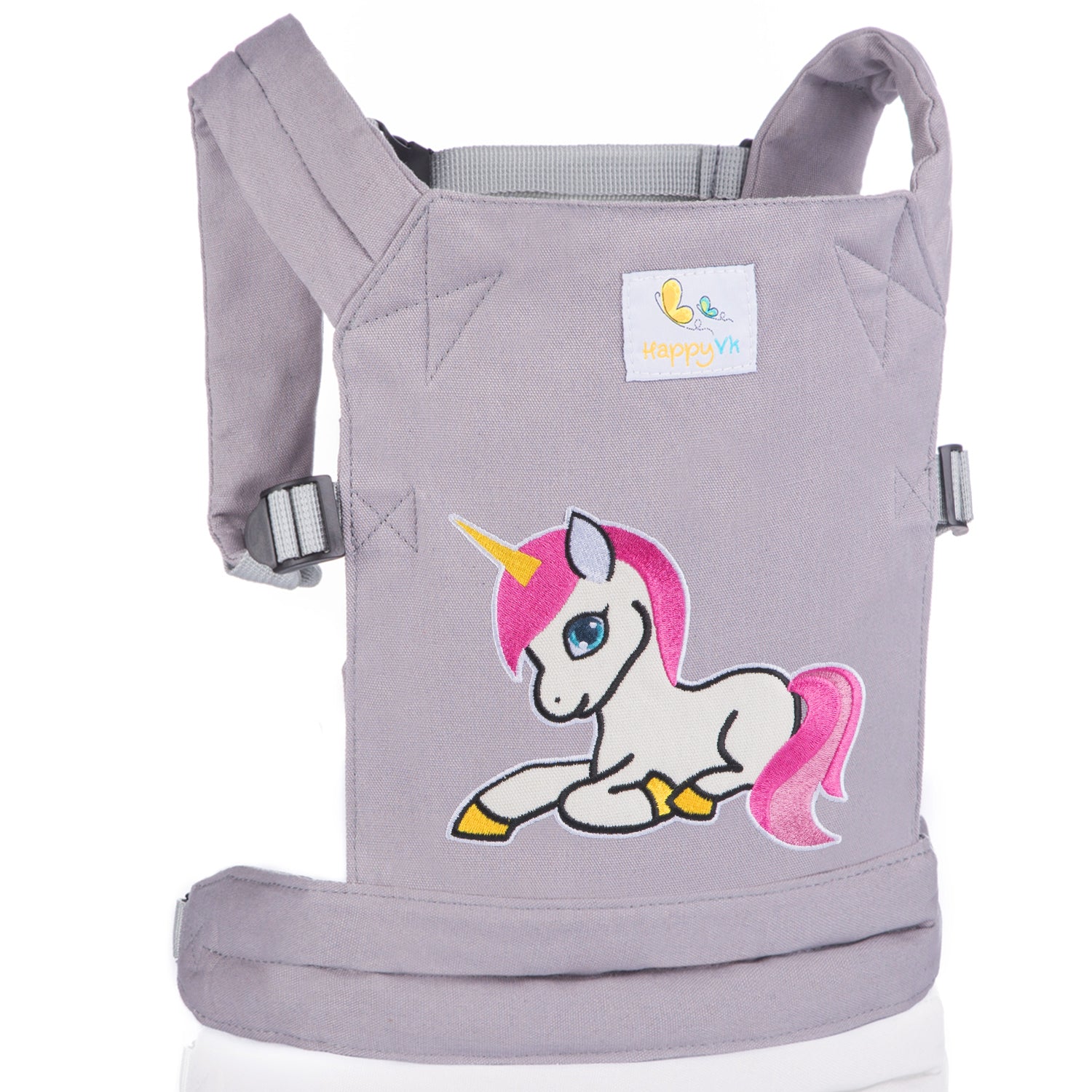 HappyVk - Baby Doll Carrier Unicorn Embroidery Front & Back Carry Positions Pretend Play Toy for Girls Ages 3+ Adjustable Straps & Cotton Canvas