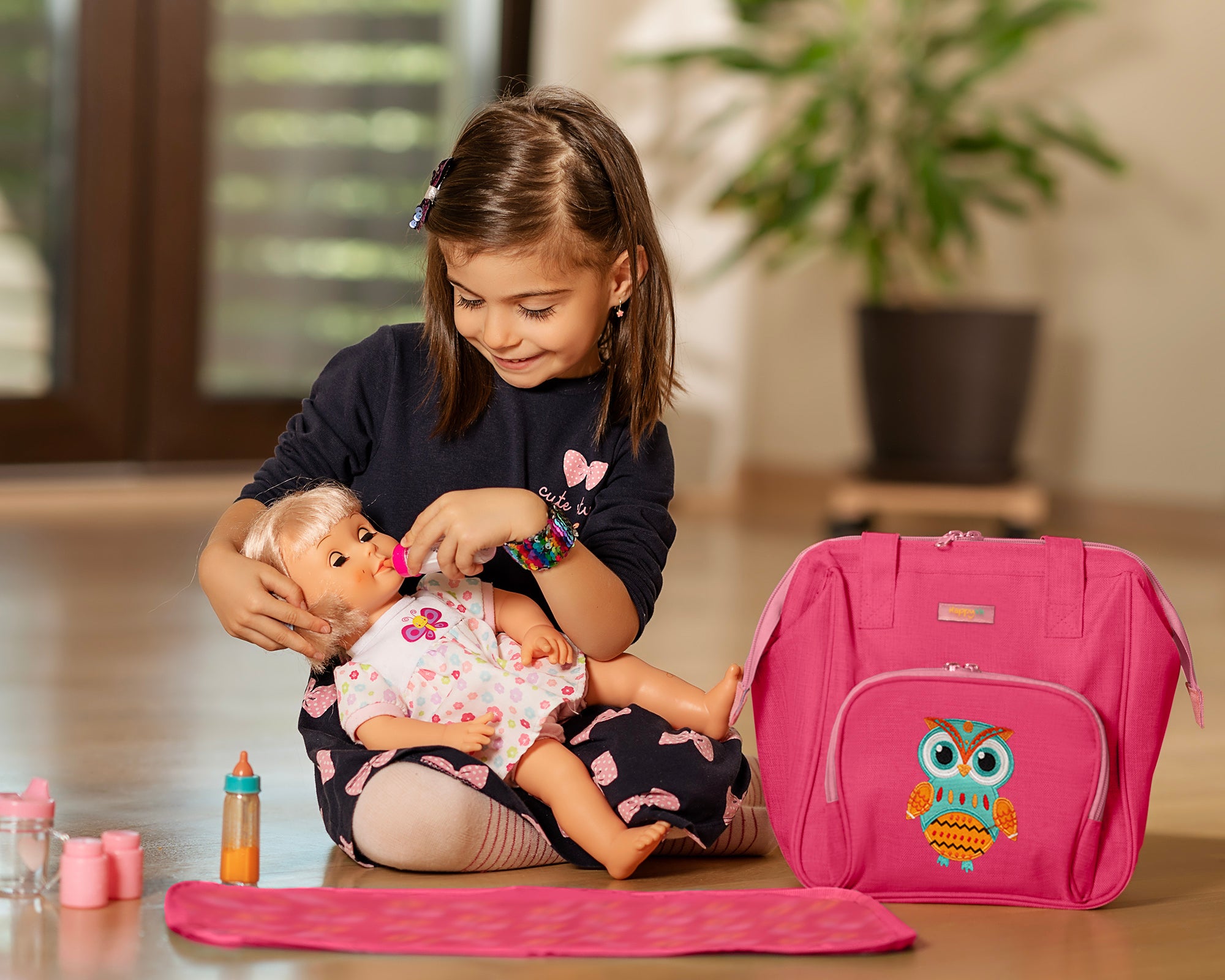 HappyVk- Baby Doll Diaper Bag with Doll Changing Pad and Doll Accessories Set - Handbag for Girls - Cute Owl Embroidery