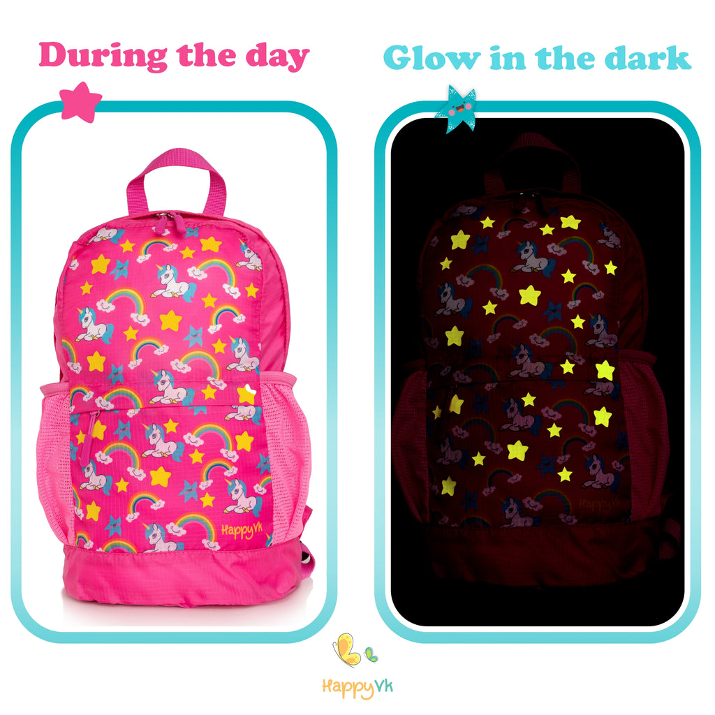 HappyVk- Packable Kids Backpack Luminous Unicorn 9L, 3-5 years old, Lightweight Toddler backpack, Foldable Kids Hiking Daypack with Rain Cover included