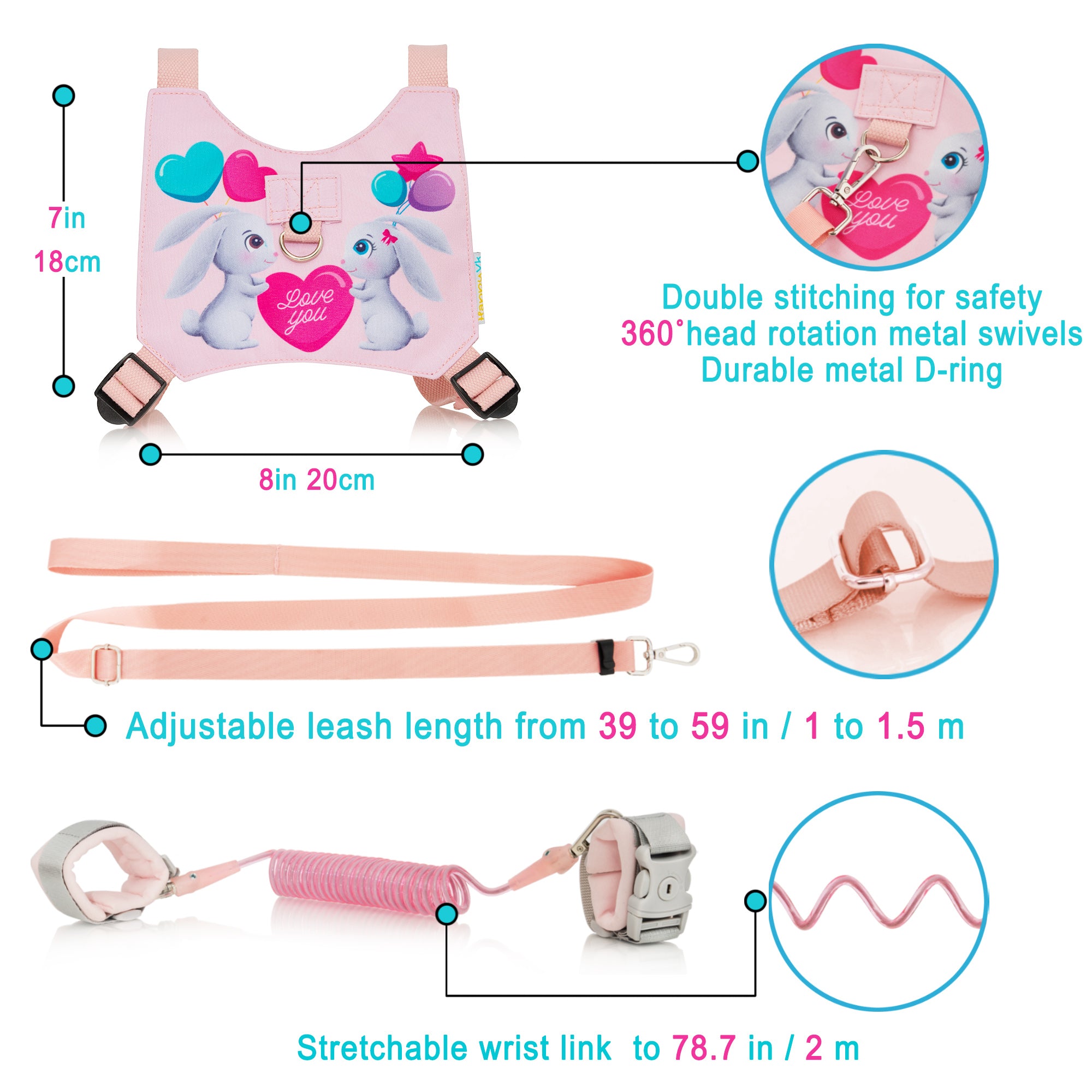 HappyVk -Toddler Leash- Baby Harness Anti-Lost Wrist Link - Ages 1-4- Pink