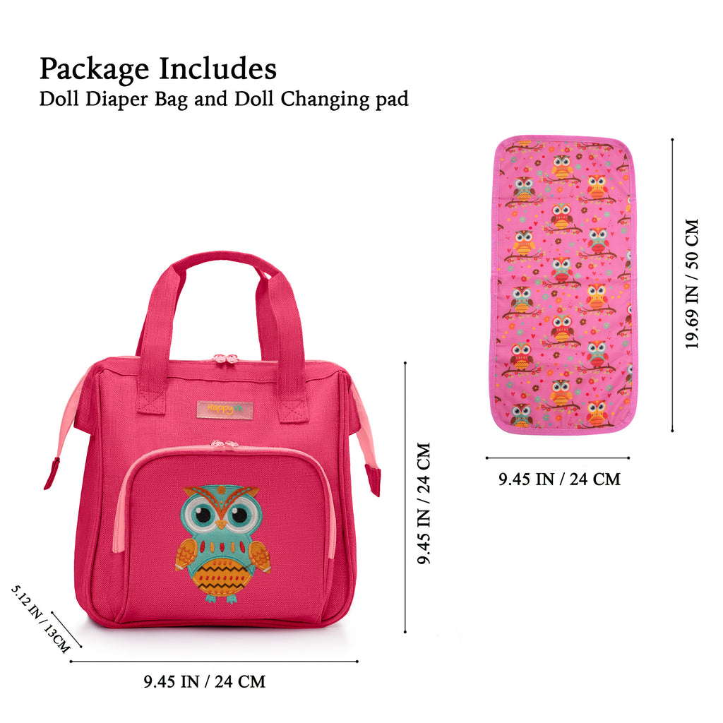 HappyVk- Baby Doll Diaper Bag with Doll Changing Pad- Handbag for Girls- Owl Embroidery