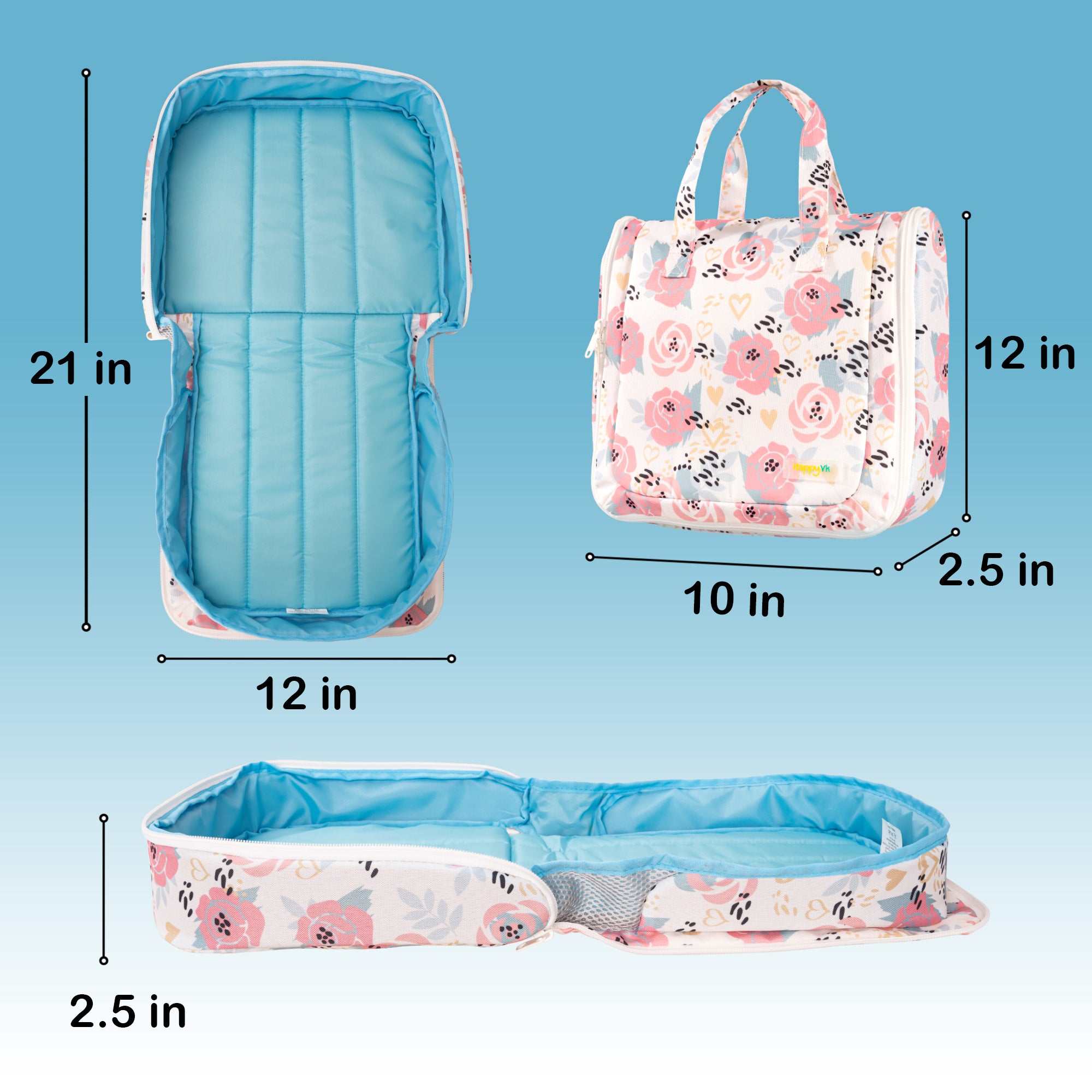 HappyVk - Baby Doll Bed Set - Portable Doll Bassinet for Dolls up to 21 inches - Handbag for Girl - Pink Roses