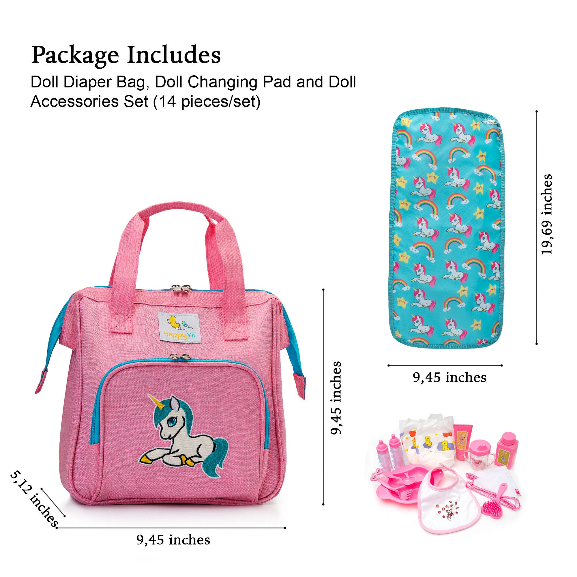 HappyVk Baby Doll Diaper Bag with Changing Pad and 14 Accessories Set - Unicorn Embroidery Handbag for Girls